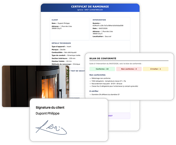 Rapport d’intervention généré par Tech Companion, avec certificat de ramonage et signature du client