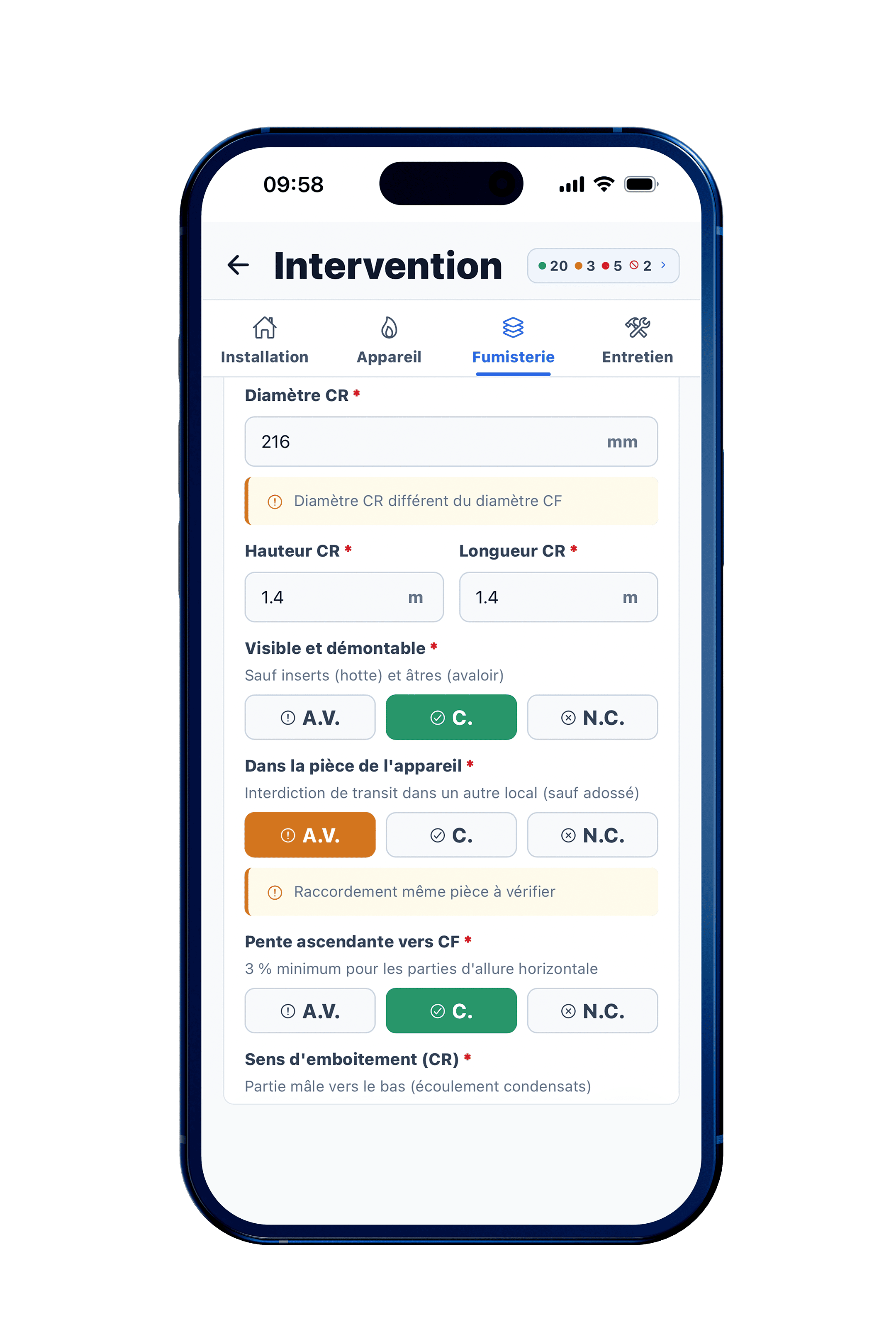 Écran de l’application affichant la trame de relevé d’une intervention, avec ses points de contrôle