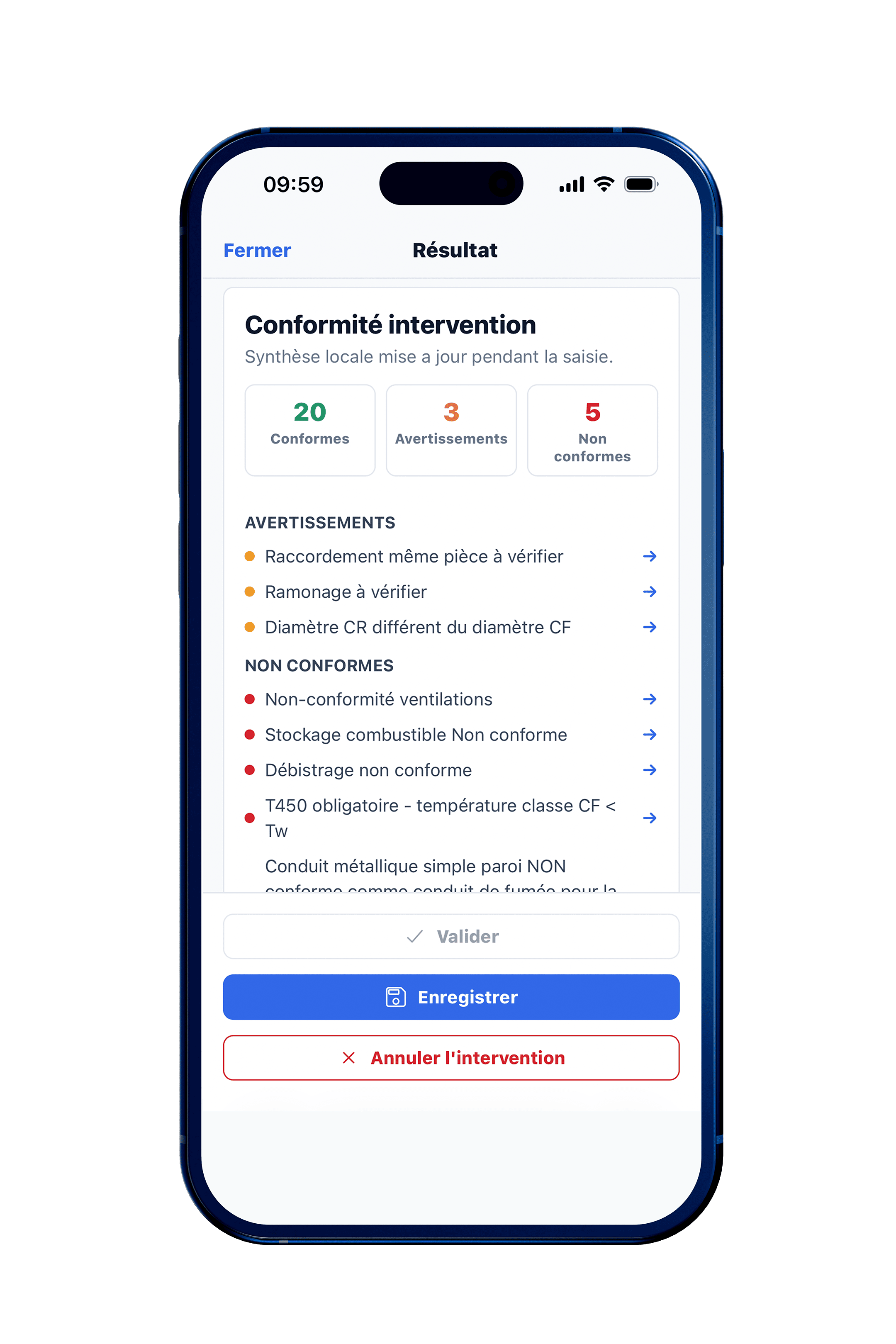 Écran de l’application Tech Companion affichant un récapitulatif de conformité d’intervention